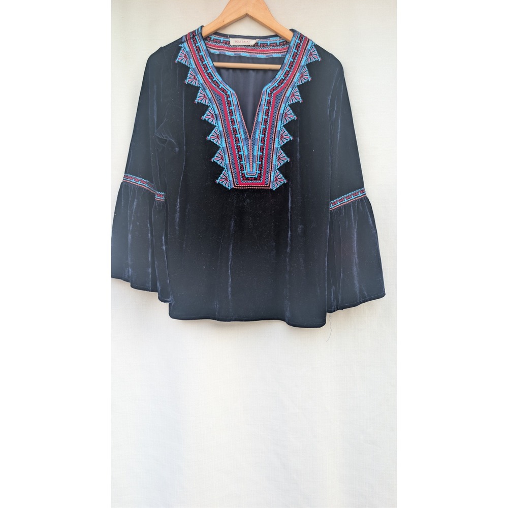 Solitaire Embroidered Velvet Blouse Womens M Navy Bell Sleeve 70s Boho Tunic Top
